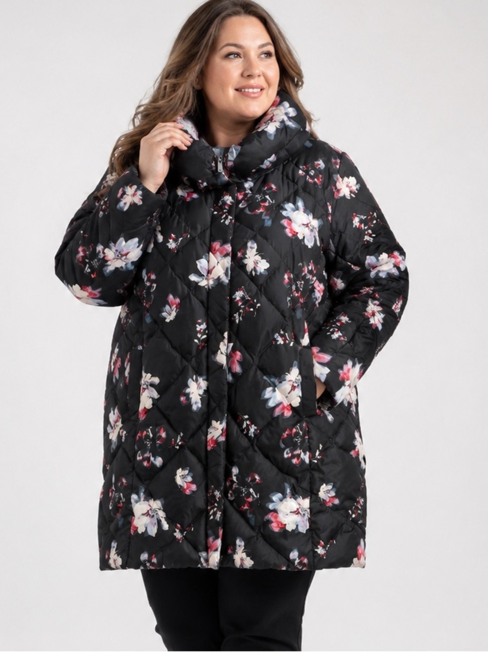 Lands’ End Plus Size 2X Floral Quilted Down Puffer Coat Black
